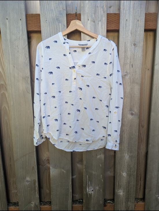 Bass Tops - Bass White Henley Blouse with Navy Elephant Print